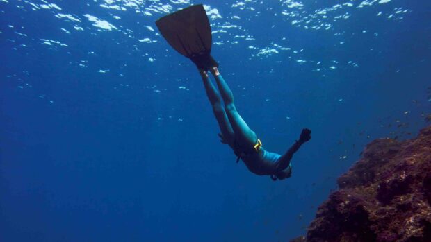 A freediver swims gracefully near a coral reef exploring the deep blue ocean, 2K Desktop Wallpaper
