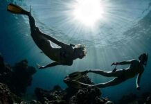 Two freedivers exploring underwater coral reefs with sun rays above, HD Desktop Wallpaper
