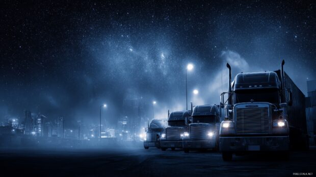 Freight truck backgrounds for computer, a dramatic night scene with freight trucks illuminated by city lights beneath a starry sky.