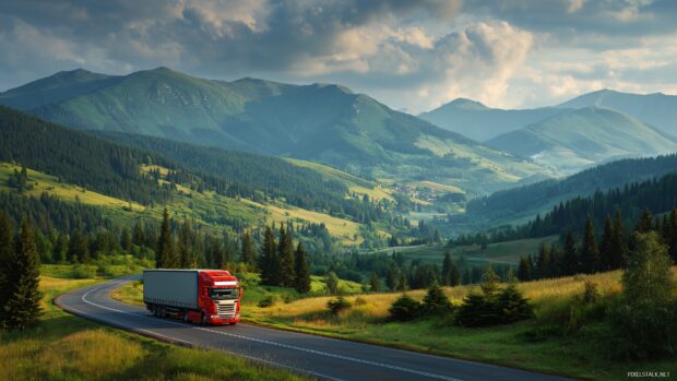 Freight truck desktop backgrounds, a robust freight truck hauling cargo through a picturesque landscape full of lush green fields.