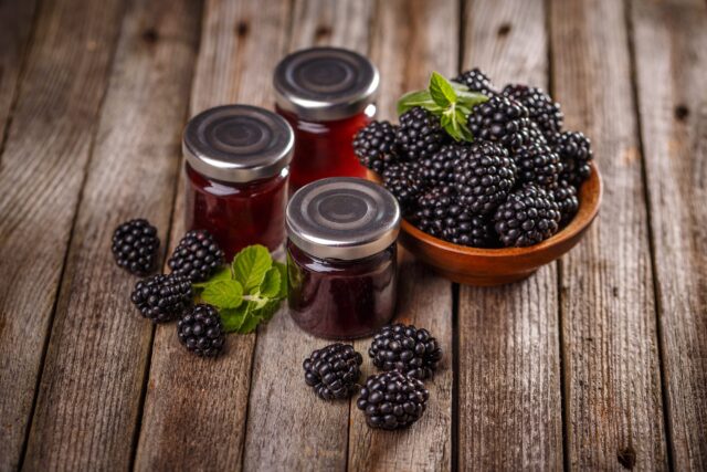 Fresh Blackberries And Jam Jars On Rustic Wood Background Blackberry Wallpapers