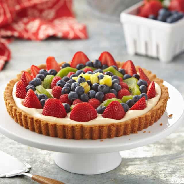 Fresh Mixed Fruit Tart with Strawberries Blueberries and Kiwi on White Stand Tart Wallpapers