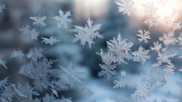 Frosty wallpaper, a close up of intricate snowflakes resting on a frosted window, revealing nature delicate beauty.