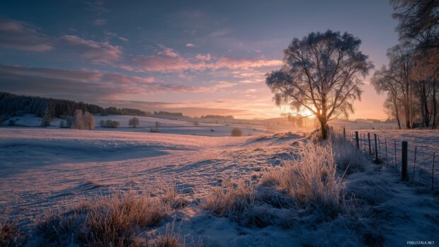 Frosty wallpaper, a frosty morning landscape featuring softly glowing snowfields and the first rays of sunlight breaking through.