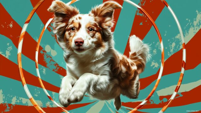 Funny Dog Desktop Wallpaper High Resolution, A Comical Dog Jumping Through Hoops, Set Against A Bright Circus Backdrop