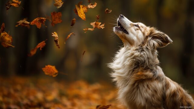 Funny Dog Desktop Wallpaper Ultra HD, A Dog Making A Funny Face While Trying To Catch Falling Leaves In Autumn