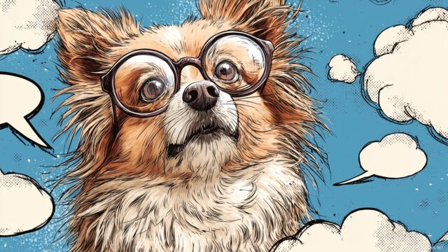 Funny Dog Wallpaper HD Free Download, A Fluffy Dog With Oversized Glasses And A Goofy Expression, Surrounded By Comic Style Speech Bubbles