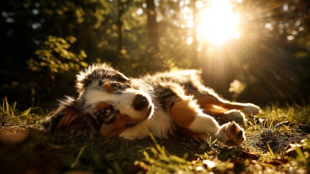 Funny Dog Wallpaper For Mac, A Playful Dog Rolling On The Grass, Sun Rays Filtering Through Trees, Filled With Warmth And Joy