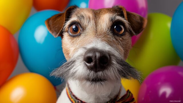 Funny Dog Wallpaper Free Download, A Dog With A Funny Mustache, Surrounded By Colorful Balloons And A Festive Atmosphere
