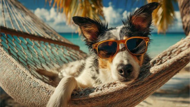 Funny Dog Wallpaper High Quality, A Dog Lounging In A Hammock Wearing Sunglasses, Tropical Beach Scenery In The Background