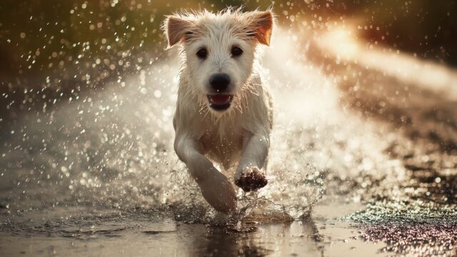 Funny Dog Wallpaper High Resolution, A Dog Joyfully Splashing In A Puddle, Water Droplets Sparkling In The Sunlight
