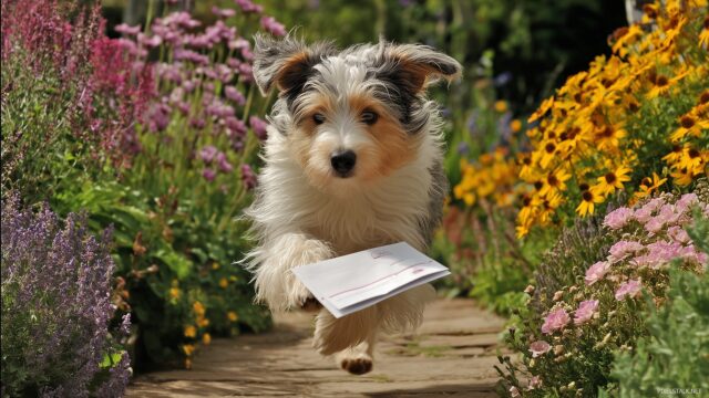 Funny Dog High Resolution Wallpaper, A Mischievous Dog Stealing The Mail, With A Vibrant Garden Backdrop