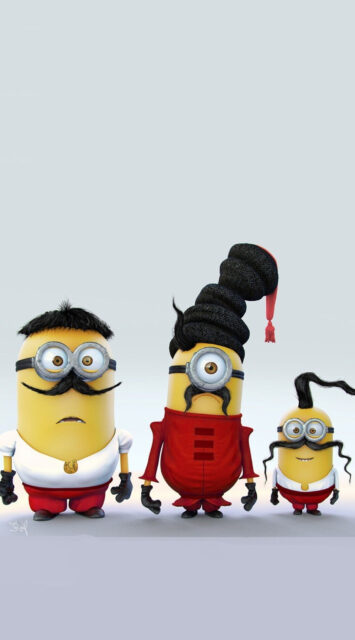 Funny Minions with Unique Mustaches and Wavy Hairstyles in Cartoon Wallpaper