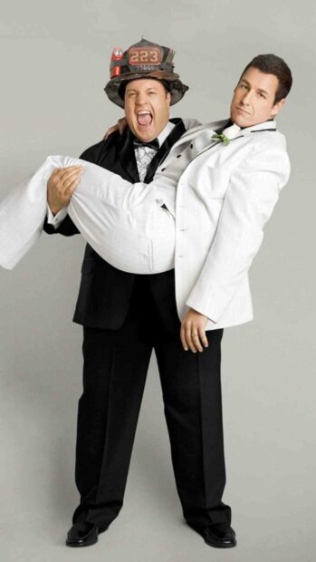 Adam Sandler carries his friend wearing a firefighter helmet while both dressed formally, HD Phone Wallpaper