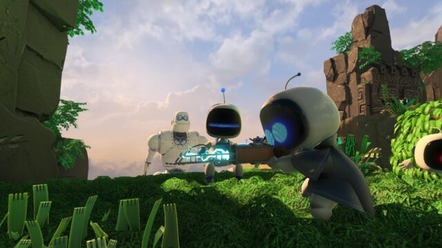 Futuristic Robots Exploring Ancient Puzzle Game Environment Wallpaper