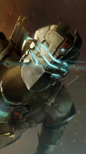 A futuristic armored character from Dead Space is shown with glowing blue helmet lights and heavy armor, 4K Phone Wallpaper