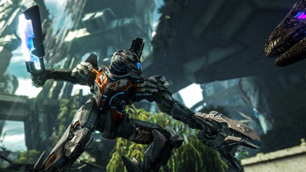 A high tech armored soldier confronts a dinosaur in a detailed environment from Ark Survival Evolved, 4K Desktop Wallpaper