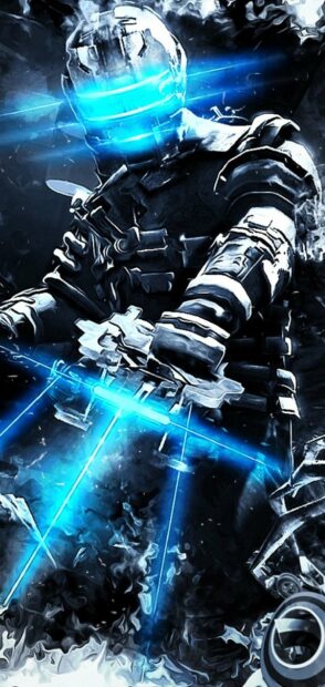 A futuristic soldier equipped with glowing blue lights stands ready in Dead Space Wallpapers, 2K Mobile Wallpaper