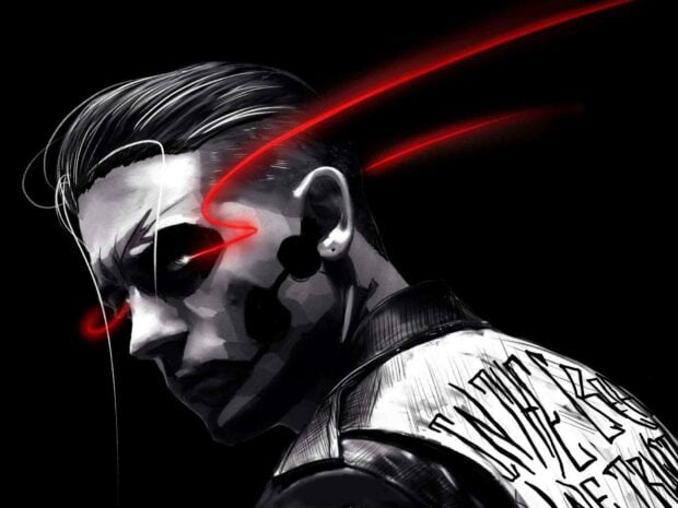 A digital portrait of G Eazy with glowing red laser eyes and dark artistic face paint, HD Desktop Wallpaper