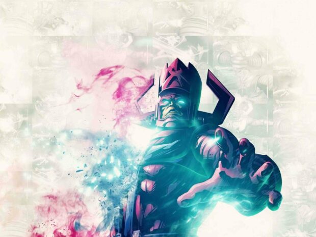 Galactus is shown unleashing cosmic energy with a glowing hand in this artwork, 2K Desktop Wallpaper