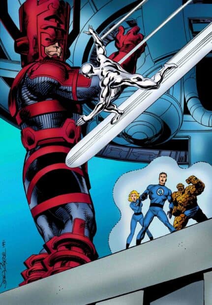 Galactus faces the Fantastic Four including Invisible Woman, Mr. Fantastic, and The Thing in a cosmic battle, 2K Mobile Wallpaper
