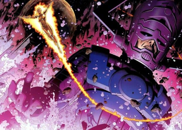 A cosmic battle unfolds with Galactus and a fiery cosmic figure floating near a planet surrounded by debris, HD Desktop Wallpaper