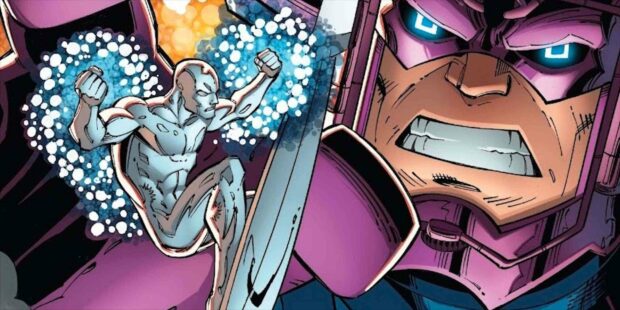 A fierce confrontation between Galactus and Silver Surfer in space, HD Desktop Wallpaper