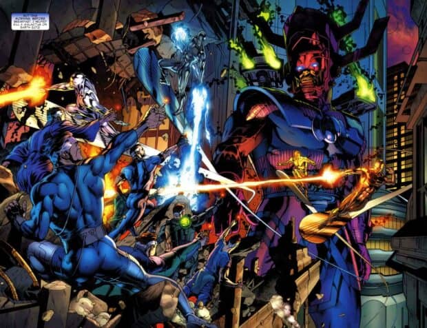 A dramatic scene showing multiple heroes fighting Galactus in a city, 2K Desktop Wallpaper