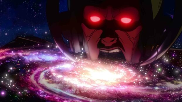 A cosmic entity Galactus devours a vibrant spiral galaxy in space, 4K Desktop Wallpaper