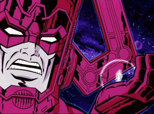 A detailed illustration of Galactus with a cosmic background showing another character in his hand, HD Desktop Wallpaper
