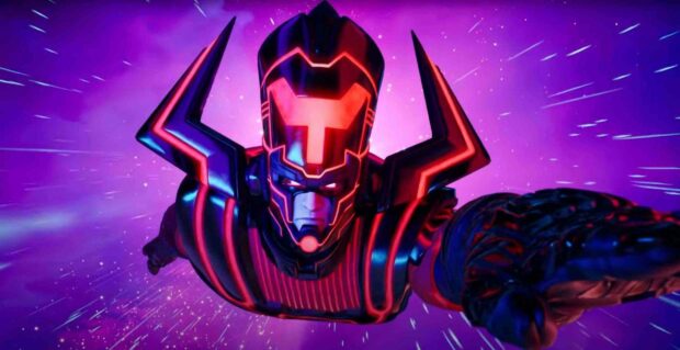 Galactus cosmic force flying through space with glowing red and black armor, HD Desktop Wallpaper