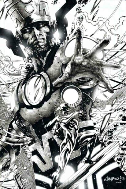 A detailed black and white illustration shows Galactus reaching out with energy surrounding him and a cosmic surfer in front, HD Mobile Wallpaper