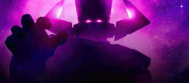 Galactus is reaching out with glowing eyes in a purple cosmic background, 4K Desktop Wallpaper