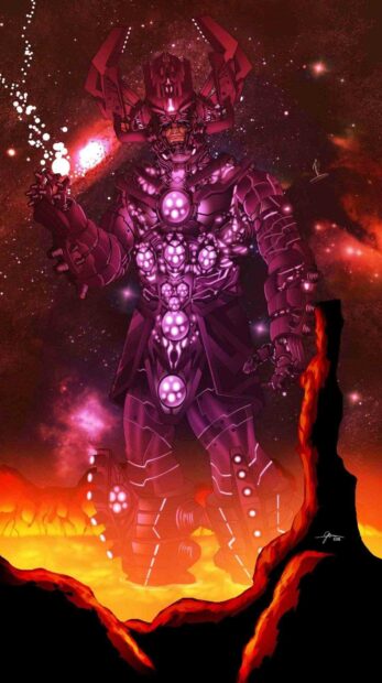 A cosmic giant Galactus is depicted standing in a lava filled landscape with a starry space background, HD Mobile Wallpaper