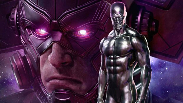 A detailed depiction of Galactus with glowing eyes and a metallic figure in space, 4K Desktop Wallpaper