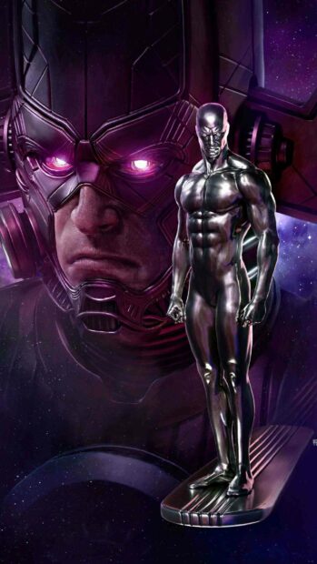 A powerful cosmic being towers behind a metallic figure standing on a sleek platform, Galactus Wallpapers, 2K Mobile Wallpaper