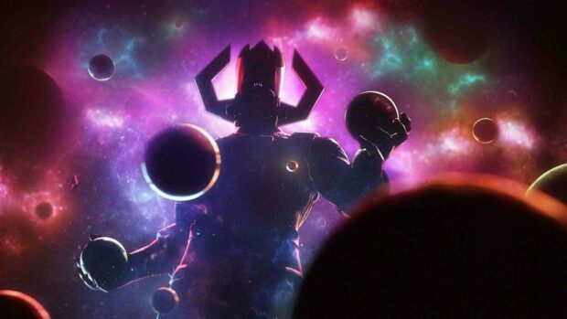 Galactus stands surrounded by planets in a cosmic nebula, HD Desktop Wallpaper