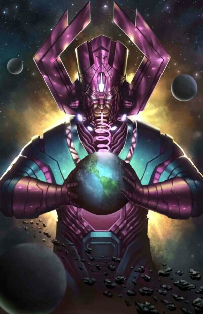 Galactus is holding Earth surrounded by planets and asteroids in a cosmic setting, 2K Mobile Wallpaper