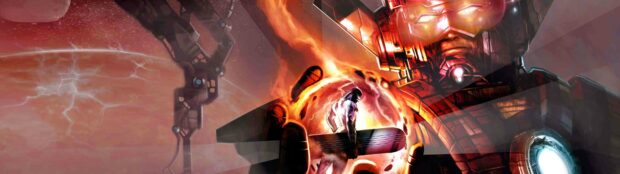 Galactus holding a cosmic board with a fiery planet in the background, 4K Desktop Wallpaper