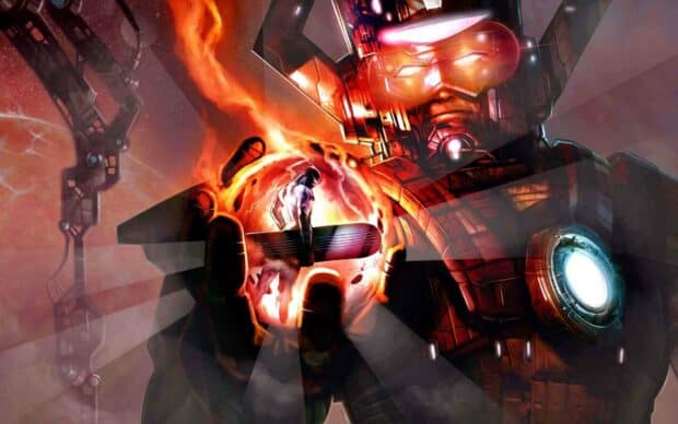A powerful figure of Galactus holds a glowing cosmic orb in his hand with a person inside the light, Galactus Wallpapers, HD Desktop Wallpaper