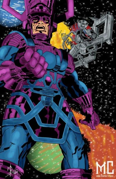 Galactus is shown wielding a large cosmic weapon with planets and stars in the background, 2K Mobile Wallpaper