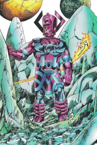 Galactus stands powerful among giant rocks in a colorful cosmic environment, HD Mobile Wallpaper