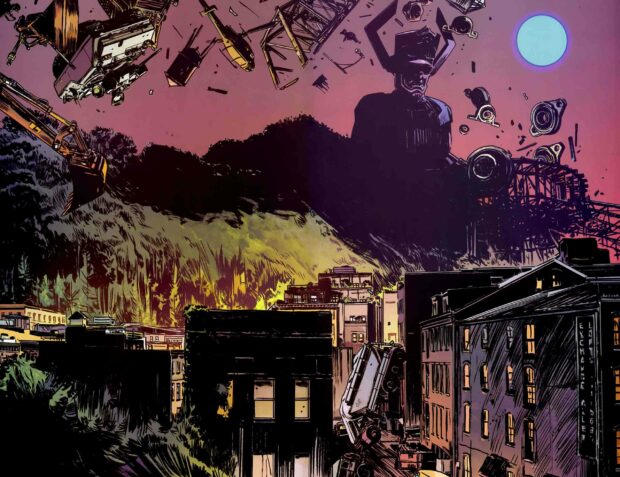 Galactus appears towering above a cityscape with a purple sky and flying debris, 2K Desktop Wallpaper