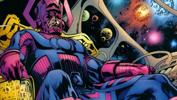 Galactus is sitting inside a spacecraft with planets visible in the window in this Galactus Wallpapers, HD Desktop Wallpaper