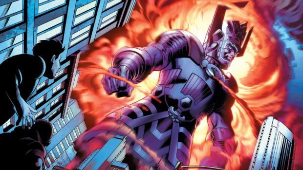 A giant cosmic figure looms over a city with flames blazing behind him as people look up in awe, HD Desktop Wallpaper
