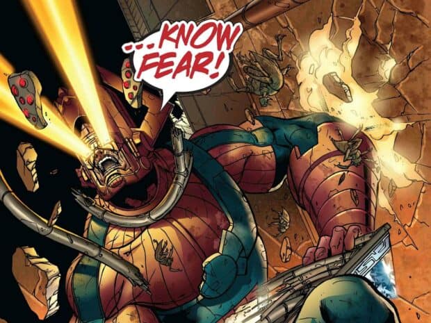 Galactus unleashes powerful energy beams from his eyes amidst a crumbling environment, HD Desktop Wallpaper