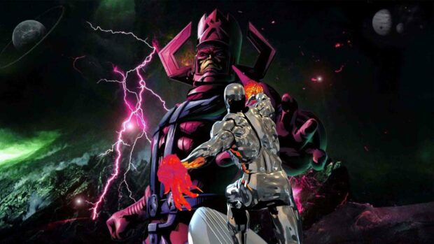 A cosmic battle scene featuring Galactus and Silver Surfer in space, HD Desktop Wallpaper