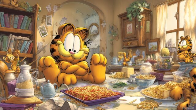Garfield Desktop Wallpaper, A Vibrant Garfield Scene Featuring His Iconic Lasagna And Playful Antics