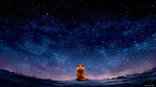 Garfield HD Desktop Wallpaper, A Dramatic Nighttime View Of Garfield Under A Starry Sky, Contemplating Life