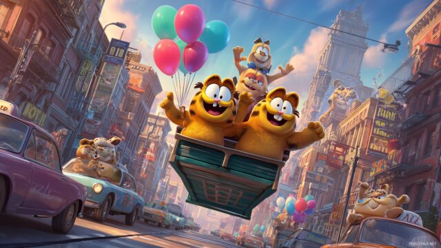 Garfield HD Wallpaper For Desktop Computer, An Adventurous Garfield Having Fun With Friends In A Lively Cityscape